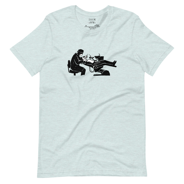 Marker illustration silhouette of a dentist and patient in a chair on a Short Sleeve T-Shirt.