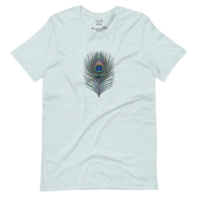 Detailed peacock feather design rendered in vibrant stippling dotwork on a unisex short sleeve t-shirt.