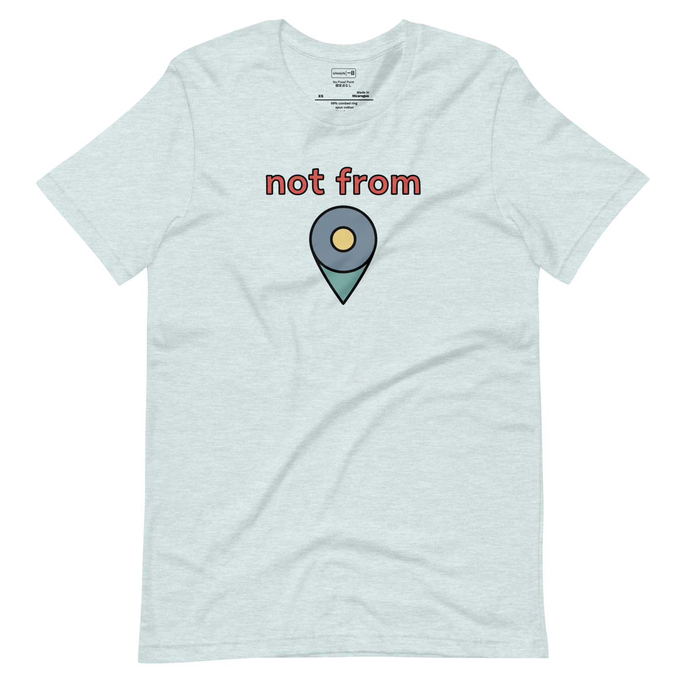 Minimalist short sleeve t-shirt featuring a marker illustration of a digital map pin and red not from typography.