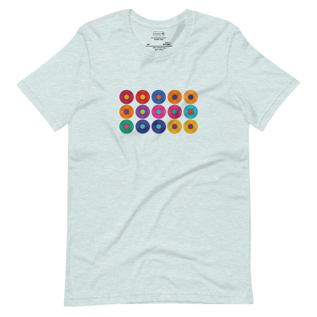 Fifteen colorful vinyl records with contrasting center labels in a 5x3 grid painted with brush strokes on a Short Sleeve T-Shirt.