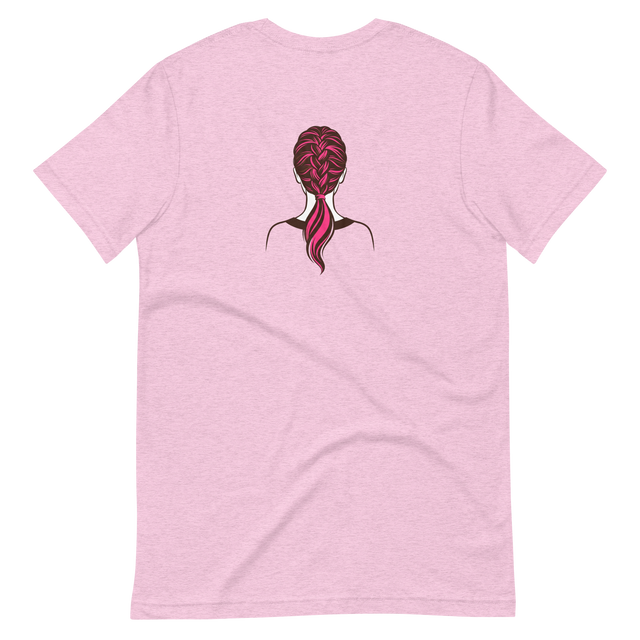Dark brown and bright pink brush pen french braid on the back of a Short Sleeve T-Shirt.