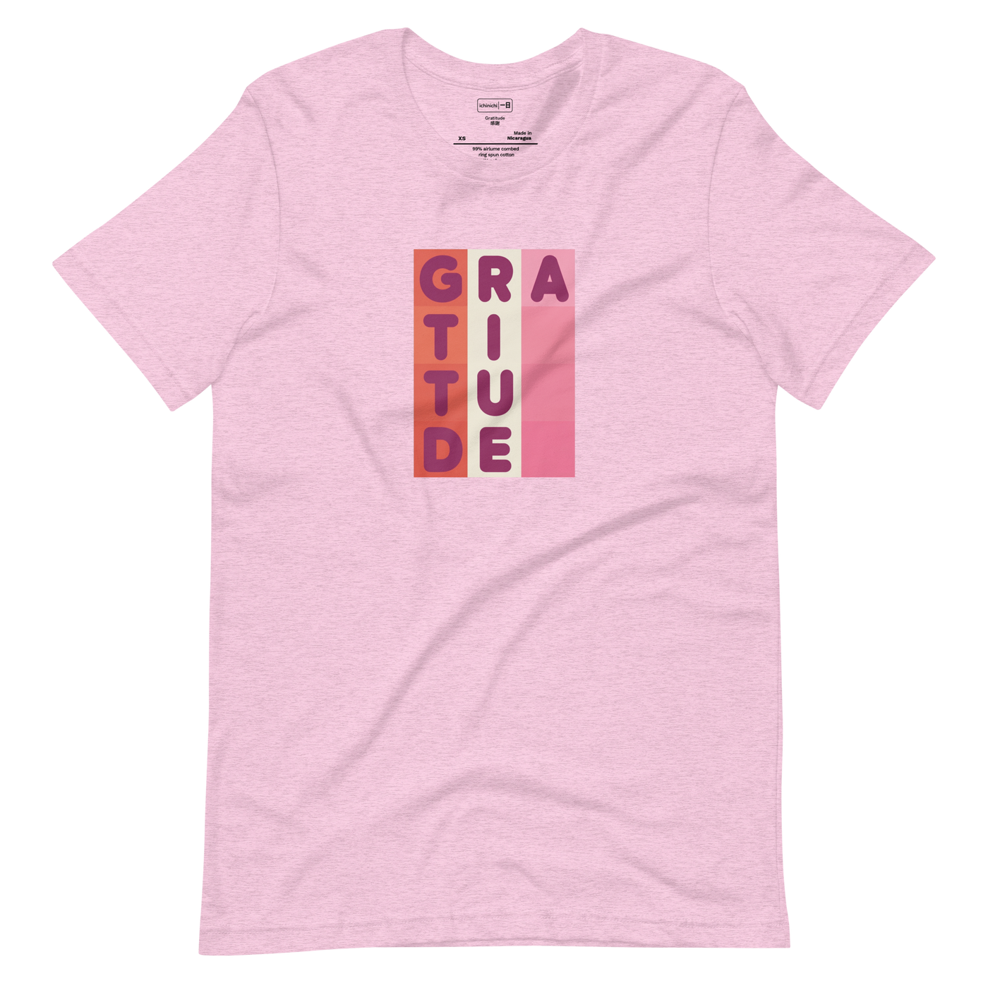 Soft 3D pillowed letters spelling gratitude arranged in a geometric color block grid on a Unisex Short Sleeve T-Shirt.