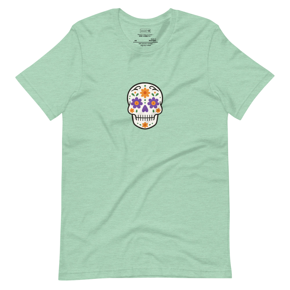 Minimalist Day of the Dead design with clean lines and soft color balance, inspired by memory and reflection.