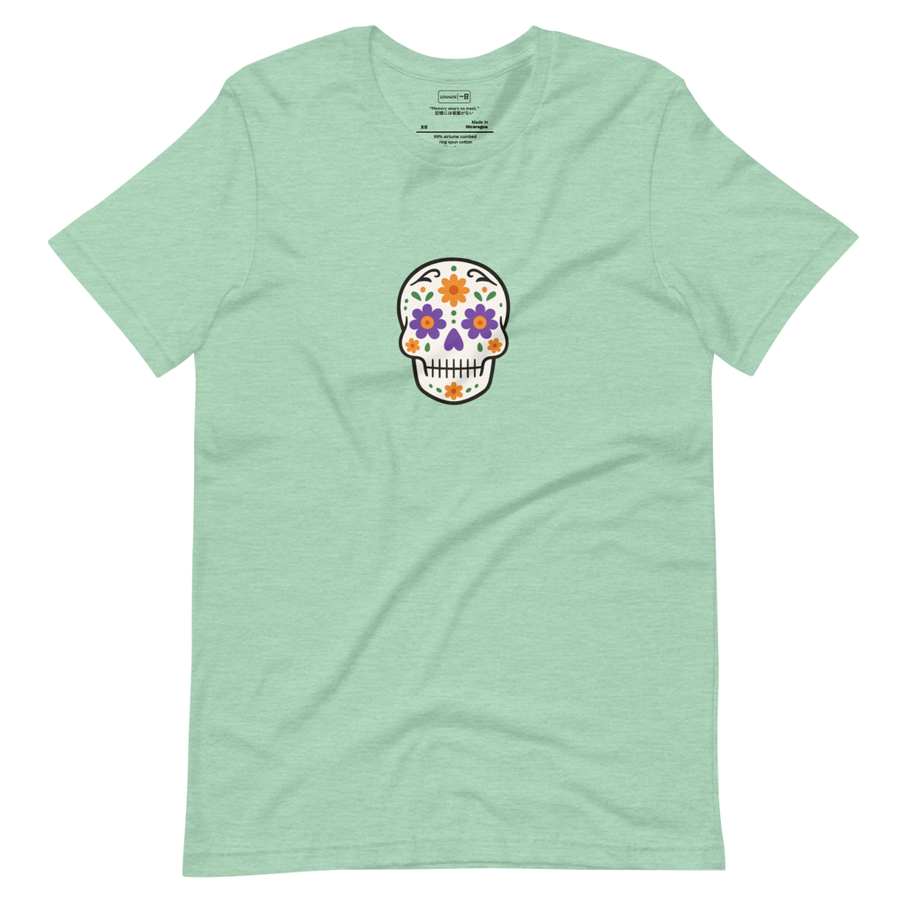 Minimalist Day of the Dead design with clean lines and soft color balance, inspired by memory and reflection.