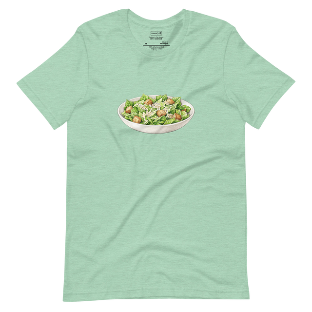 Short Sleeve T-Shirt featuring a colored pencil drawing of a classic Caesar salad in a white bowl with grated Parmesan and croutons.