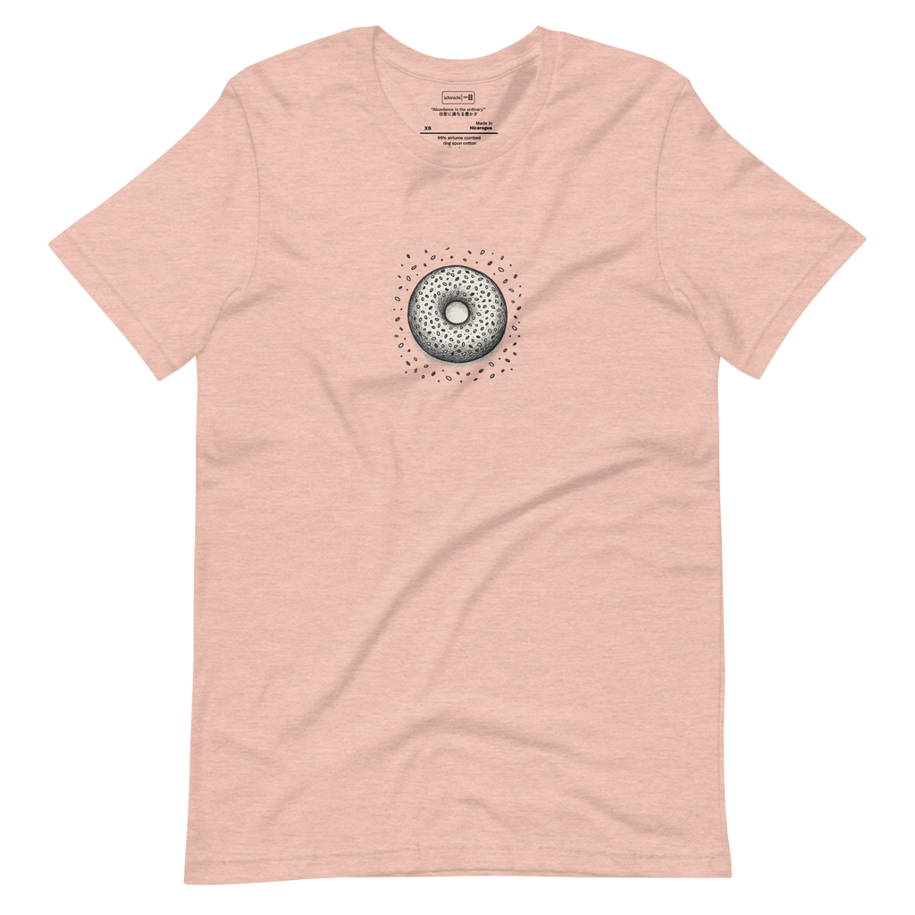 Minimal graphic of an everything bagel, scattered seeds forming a cosmic, abstract pattern.
