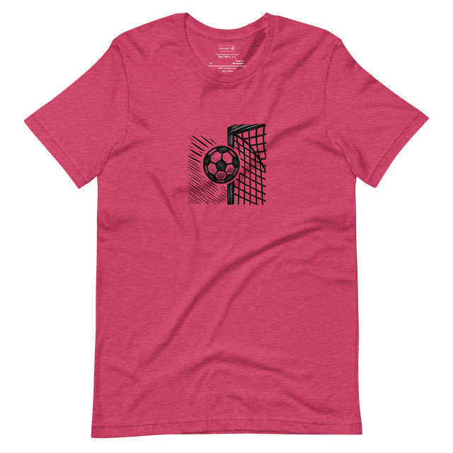 Minimal abstract soccer ball flying toward a net, frozen at the moment before impact.
