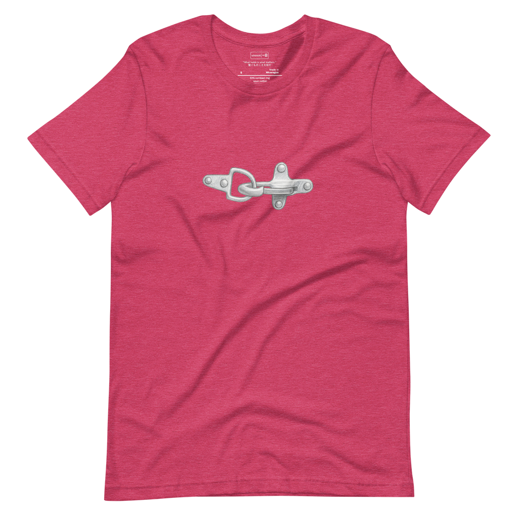 Minimalist drawing of a brass latch on dark fabric symbolizing connection and quiet strength.