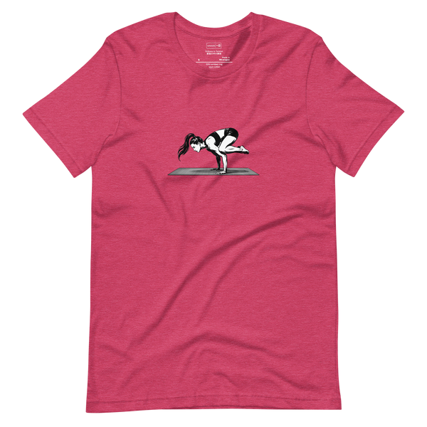 Minimalist brush pen silhouette of a female in crow pose printed on a Short Sleeve T-Shirt.