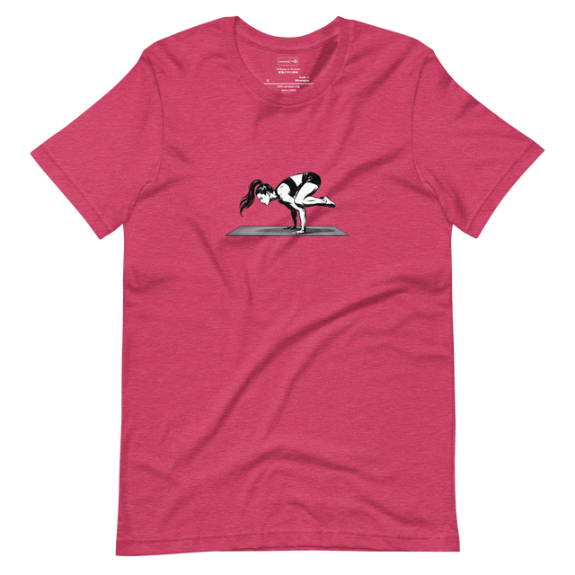 Minimalist brush pen silhouette of a female in crow pose printed on a Short Sleeve T-Shirt.