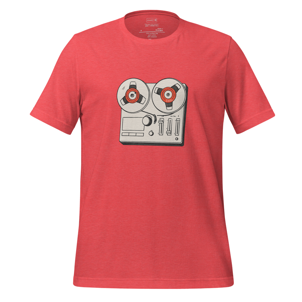 Minimalist line drawing of a vintage reel-to-reel tape recorder with turning reels, inspired by analog sound and memory, reflective T-Shirt design.