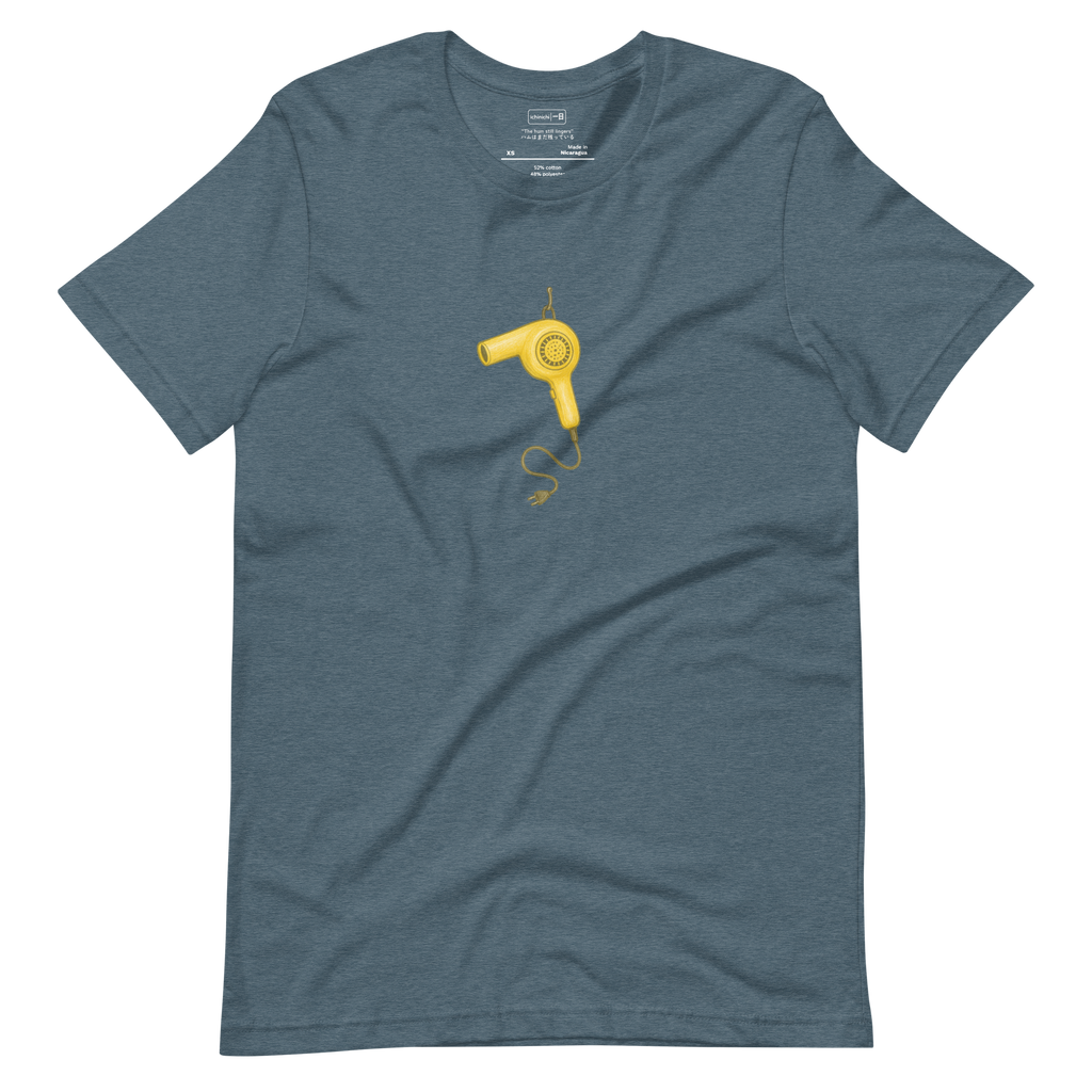Pencil-drawn retro hairdryer in shades of yellow, hanging on a hook with its cord dangling
