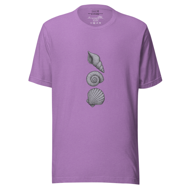 Pointillist drawing of three seashells in soft spiral and ridged shapes on heather purple shirt