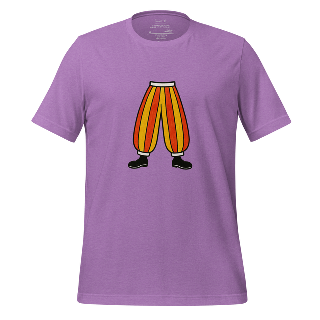 Minimalist T-Shirt design featuring oversized striped clown pants representing humor, confidence, and individuality.
