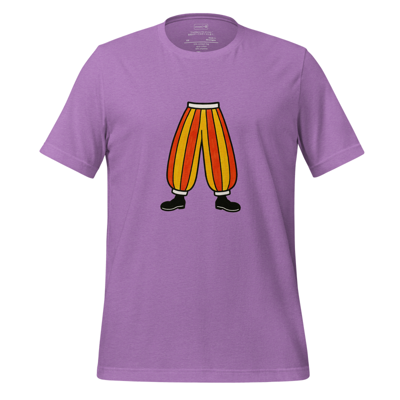 Minimalist T-Shirt design featuring oversized striped clown pants representing humor, confidence, and individuality.
