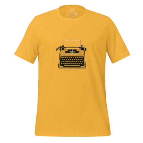 Minimal line-art illustration of an old school typewriter with keys and paper.
