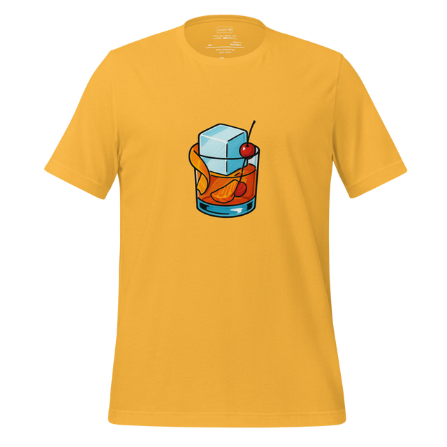 Minimalist T-Shirt design featuring an old fashioned cocktail with orange peel, cherry, and an oversized ice cube.
