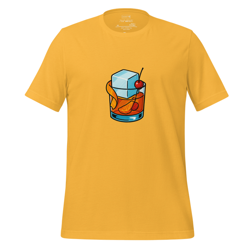Minimalist T-Shirt design featuring an old fashioned cocktail with orange peel, cherry, and an oversized ice cube.
