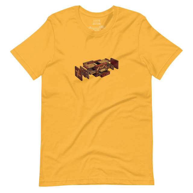 Minimalist exploded view line art of a Japanese puzzle box mechanism, T-Shirt graphic.