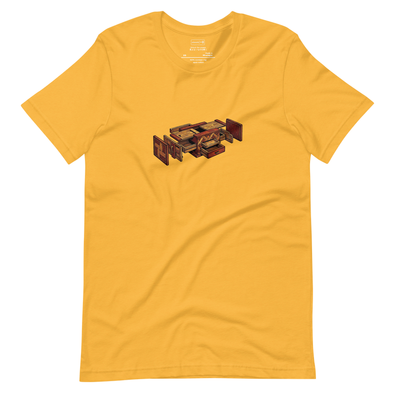 Minimalist exploded view line art of a Japanese puzzle box mechanism, T-Shirt graphic.