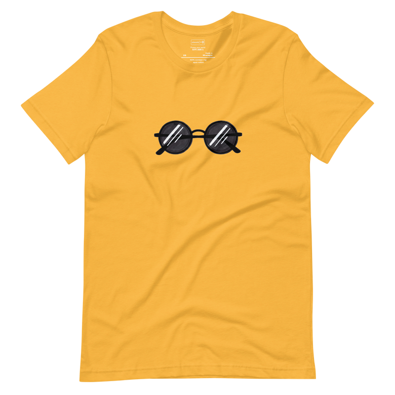 Minimalist pop-art line drawing of round wire-frame sunglasses on a white T-Shirt.