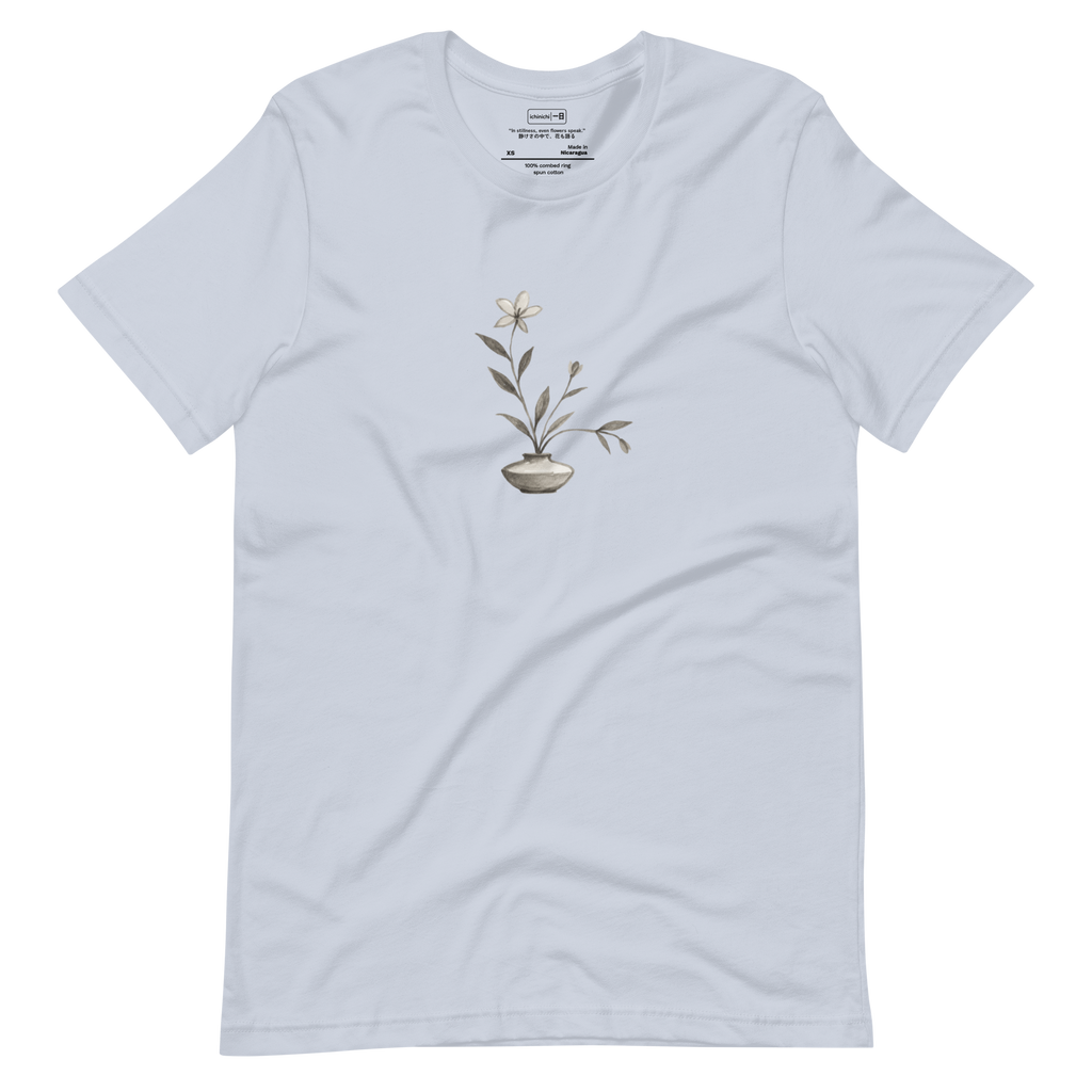 Minimalist line drawing inspired by Ikebana flower arrangement, showing stems and petals in balanced composition.