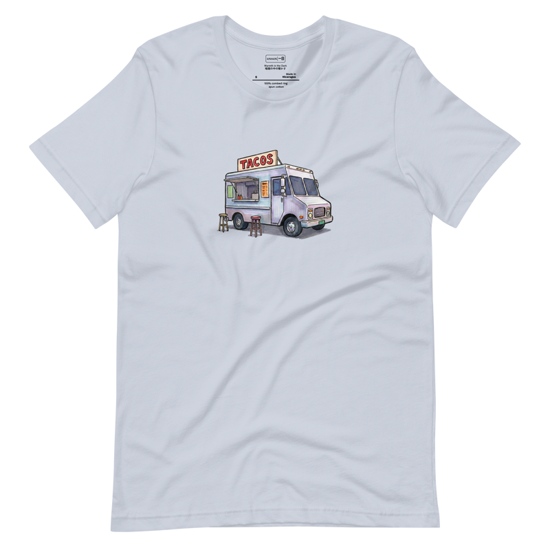 Minimalist line art illustration of a taco truck with Japanese text, T-Shirt design.