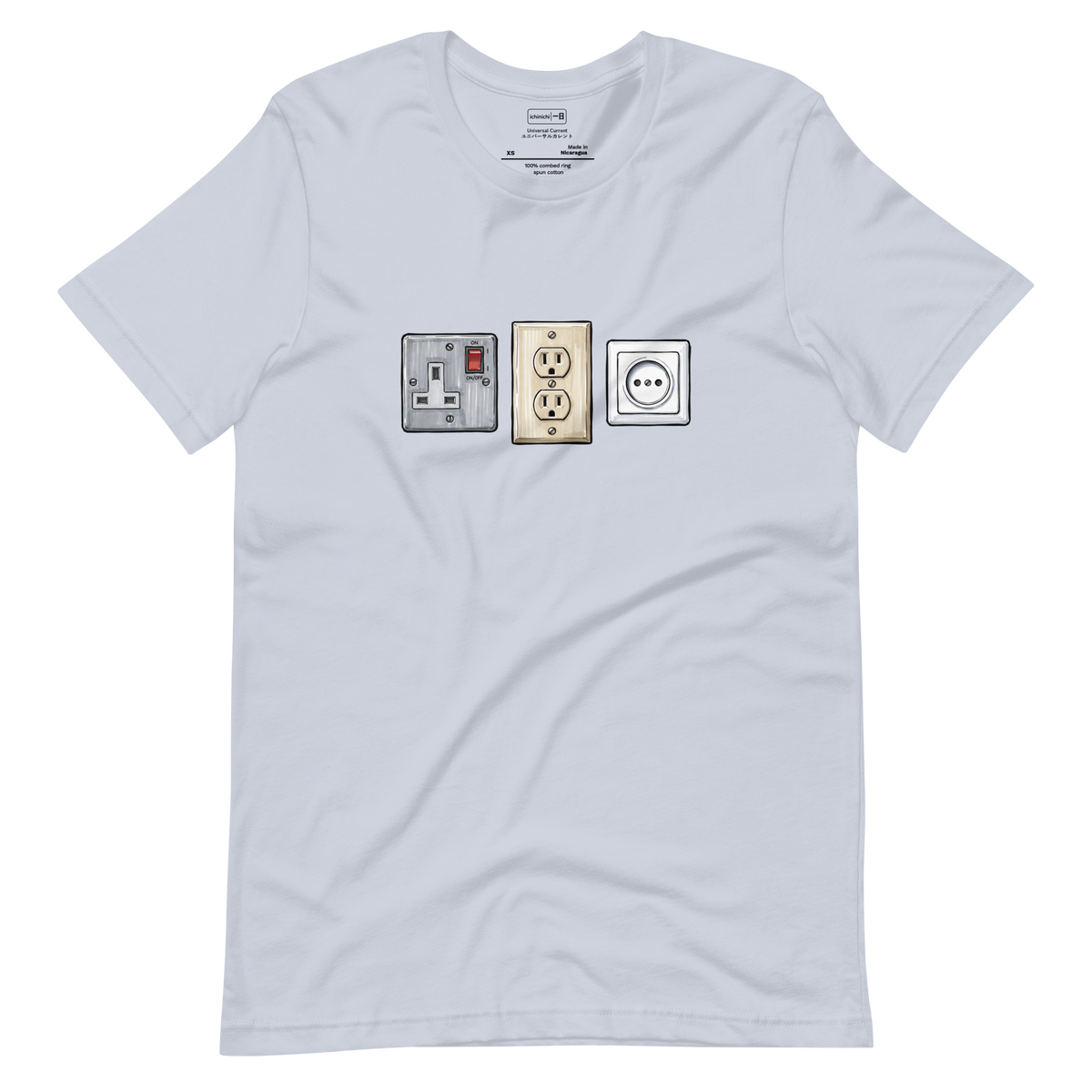 Marker illustration of US, UK, and EU wall outlets in beige, grey, and white on a Short Sleeve T-Shirt.