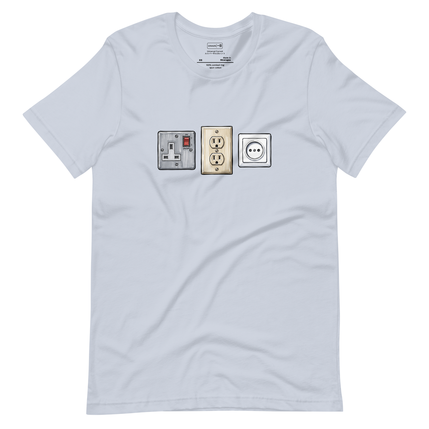 Marker illustration of US, UK, and EU wall outlets in beige, grey, and white on a Short Sleeve T-Shirt.