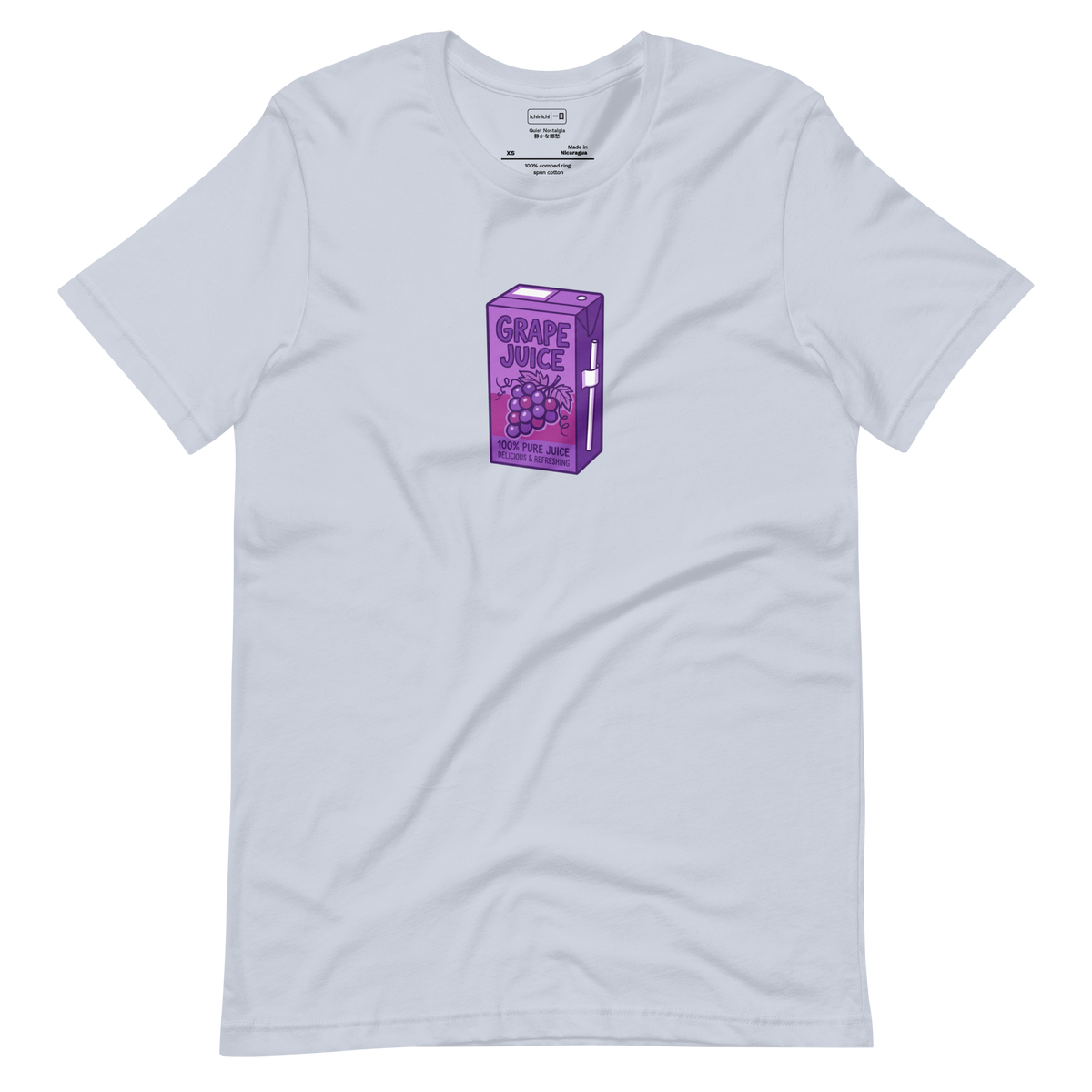 Marker illustration of a purple grape juice carton on a short sleeve t-shirt.