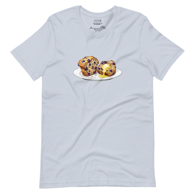 Short Sleeve T-Shirt with a full color pencil drawing of a split blueberry muffin and melting butter on a white plate.