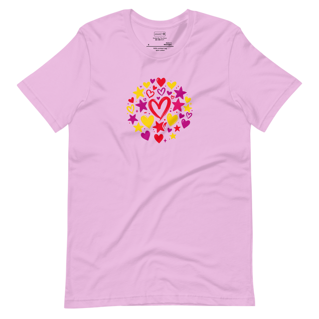 Short Sleeve T-Shirt displaying smooth painted illustrations of vibrant hearts and bright yellow stars.