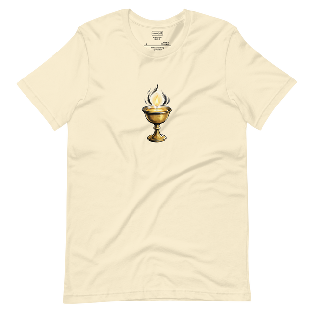 Minimalist ink wash illustration of a glowing Buddhist butter lamp in gold and yellow on a short sleeve t-shirt