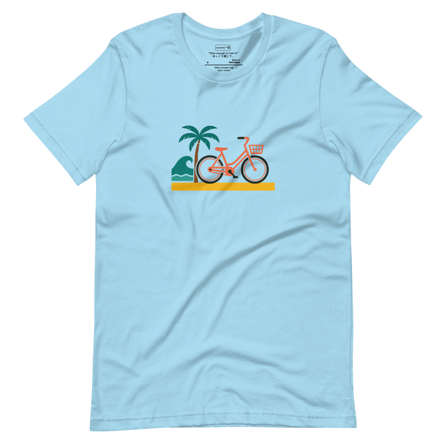 Minimalist T-Shirt design featuring a palm tree and bicycle in bright solid colors inspired by Ocean Drive in Miami.
