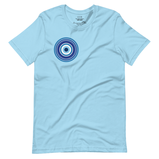 Concentric blue woodcut circles in a nazar-inspired eye motif on a Short Sleeve T-Shirt.