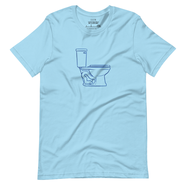 Side profile illustration of a toilet drawn with clean blue brush lines on a minimalist short sleeve t-shirt.