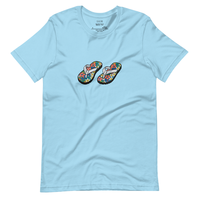 A minimalist brush pen illustration of a floral flip flop printed on a Short Sleeve T-Shirt.