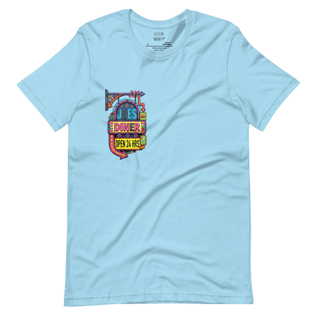 Graphic of a buzzing neon diner sign drawn in bright colors on a unisex short sleeve t-shirt.