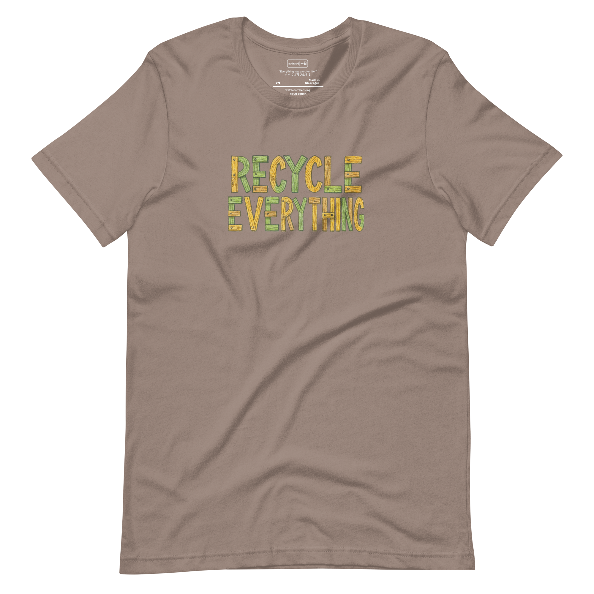 Illustration of the phrase “Recycle Everything” where each letter is made of scrap wood pieces, minimalist T-Shirt design.