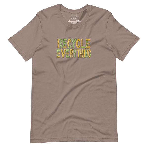 Illustration of the phrase “Recycle Everything” where each letter is made of scrap wood pieces, minimalist T-Shirt design.
