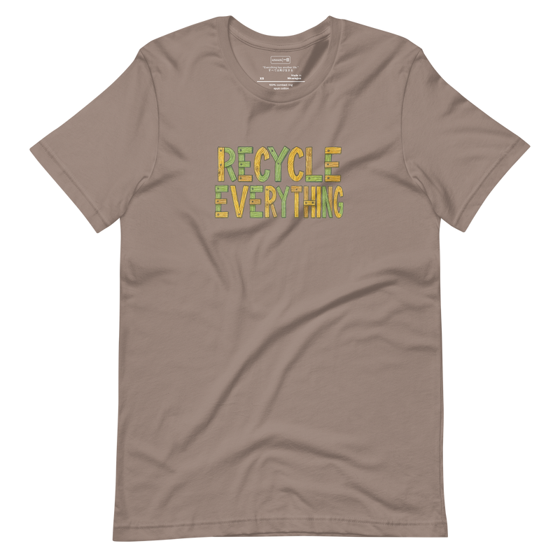 Illustration of the phrase “Recycle Everything” where each letter is made of scrap wood pieces, minimalist T-Shirt design.
