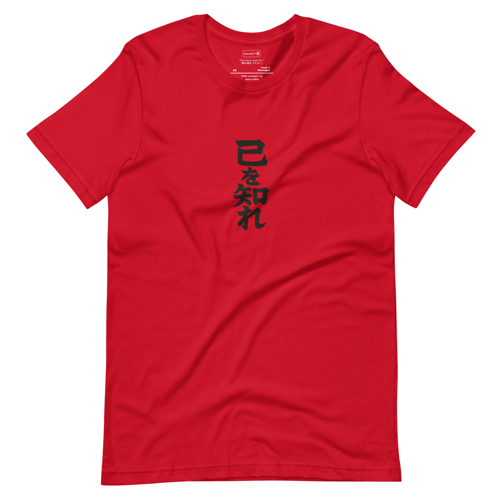 Minimalist kanji design 己を知れ meaning know yourself in bold strokes
