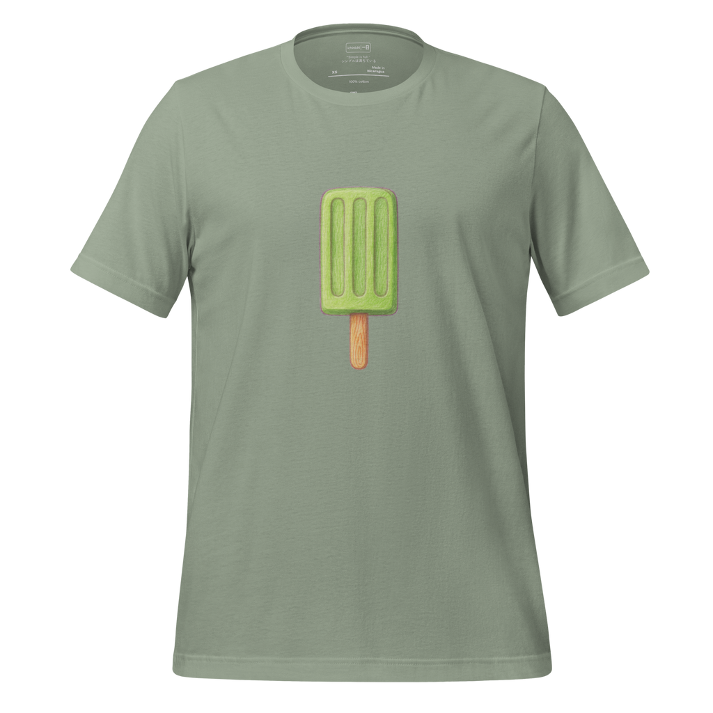 Minimalist illustration of a frozen matcha latte bar on a wooden stick, soft green tones and simple design.