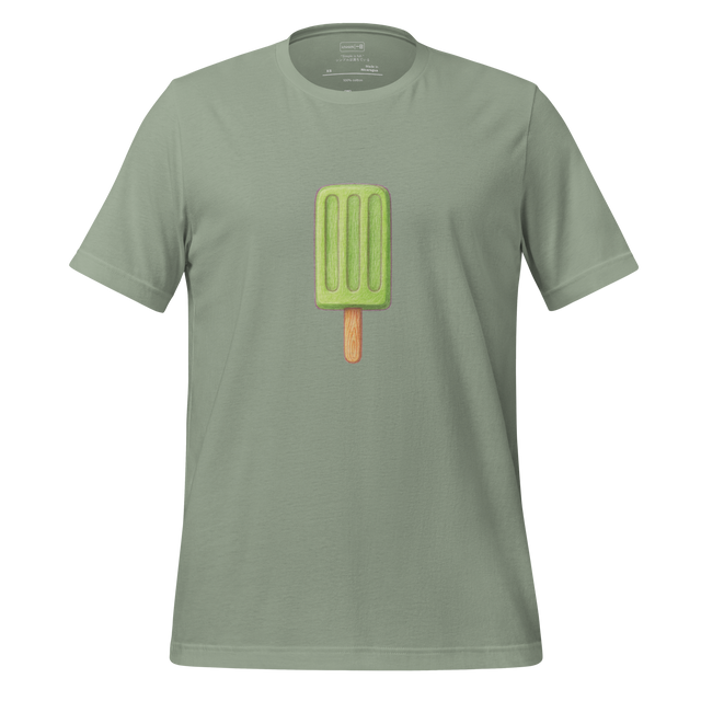 Minimalist illustration of a frozen matcha latte bar on a wooden stick, soft green tones and simple design.