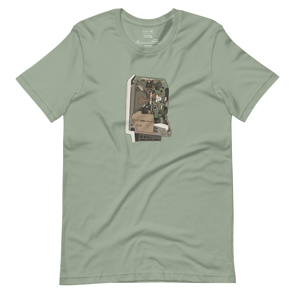 Minimalist illustration of vintage computer internal components on a t-shirt