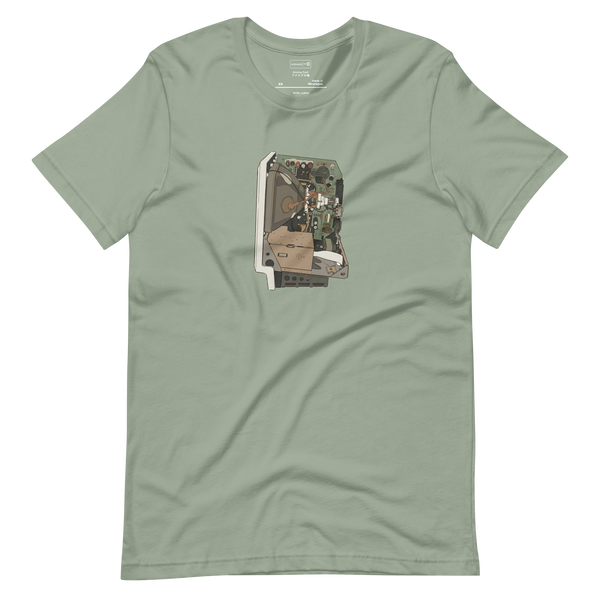 Minimalist illustration of vintage computer internal components on a t-shirt