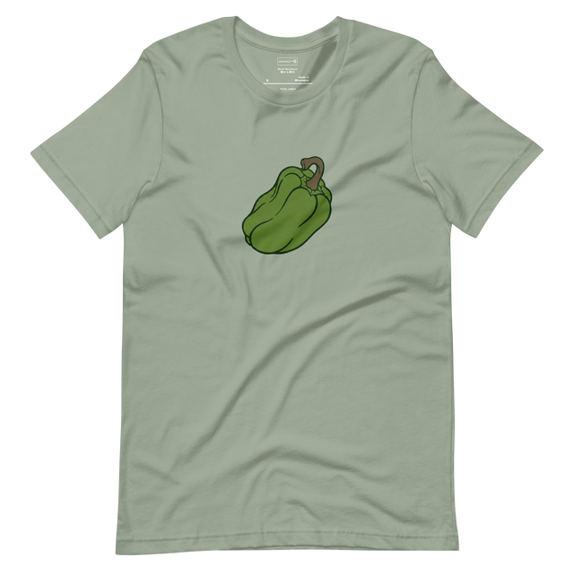 Minimalist line art illustration of a green pepper on a short sleeve t-shirt.