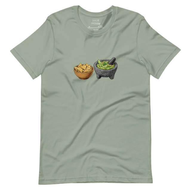 Unisex Short Sleeve T-Shirt featuring a hand-drawn colored pencil illustration of guacamole in a mortar and tortilla chips in a bowl.