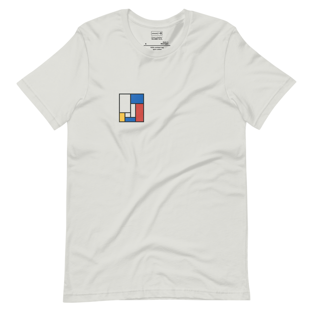 Minimal geometric t-shirt design inspired by Mondrian and I. M. Pei architecture
