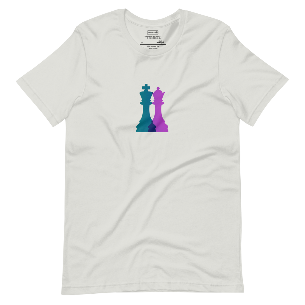 Minimalist chess design with overlapping king and queen pieces in bold colors
